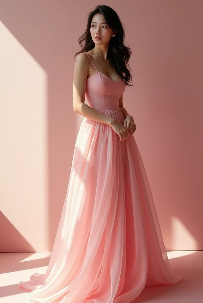 " A stunning woman is at the center of the image ,  wearing an elegant pink dress that exudes femininity and grace .  The soft lighting highlights the details of the fabric ,  creating a delicate effect that perfectly matches the enchanting shade of the dr...