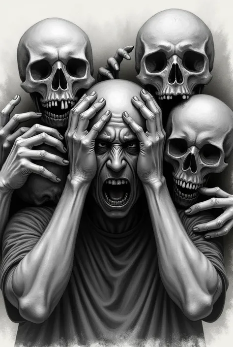 Image design of a sunken man with his hands on his head being tormented by hands with demon claws and diabolical skulls and drawing effect with charcoal on a black and white pencil 