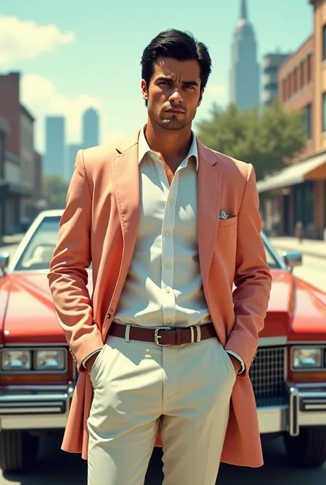 Medium size white male with short black hair wearing white shirt with white pants and peach colored coat with 1980 Cadillac convertible with Grand theft Auto 6 Background and with movie poster style realistic close up 