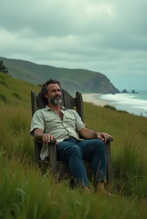 A man sitting in grassland on ancient chair with smile face beside a beach. Add the quotation said that " you know it, why I explain it" Netflix cinematic image. Please dont forget the quotation 