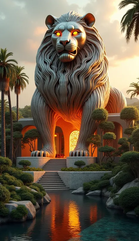 "A futuristic mansion with architecture inspired by an ornate lion design, intricate metallic patterns, glowing orange light illuminating the structure, surrounded by lush greenery and a reflective water body, sunset lighting creating a warm golden glow, u...