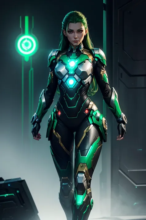 A character that is a slender female combination of Ironman and Loki, emerald and gunmetal armor, digital painting, trending on ArtStation, extremely detailed, ultra high resolution, 8k