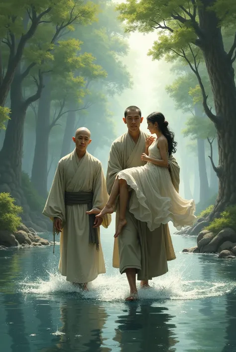 Two Zen men crossing the river ， One of them is carrying a young woman in a dress。