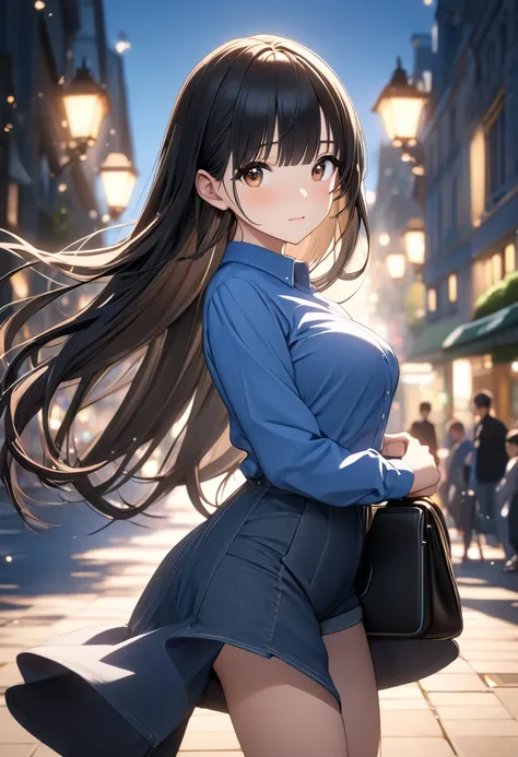 (( Masterpiece,  Best Quality ,  High resolution , UHD, perfect pixels ,  depth of field , 4k, RTX, hdr))), 1 girl, single, , alone, beautiful anime girl,  beautiful artistic style ,  Anime Character, ((serene expression, childish gaze,  hip-length black h...