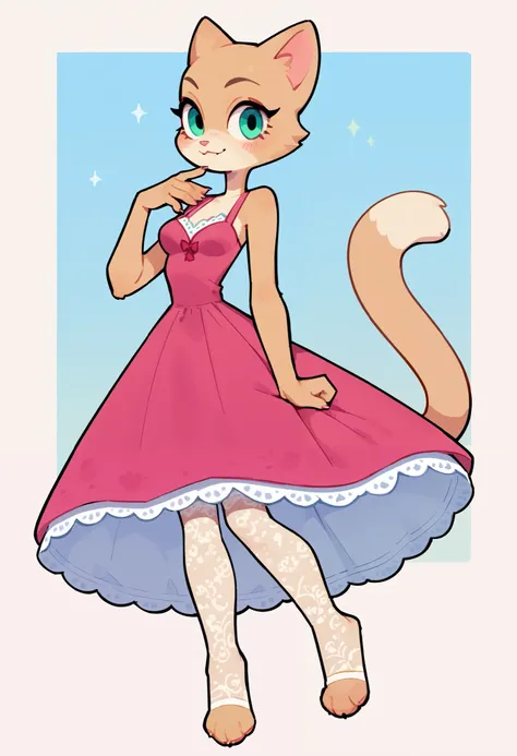 The Q version of the cute furry cat, anthro, female puppy, slim girl, female body, woman, female, dress, paws, garter belts, lace stockings, ((Flirty))