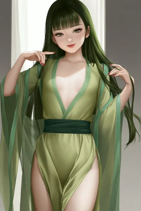 green hair ,green hanfu, small breasts, long hair, loli, seductive smile, masterpiece, best quality, realistic, 8k, official art, cinematic light, ultra high res, perfect female body, sharp focus, guofeng, 1girl, solo, chinese clothes, realistic, nail poli...