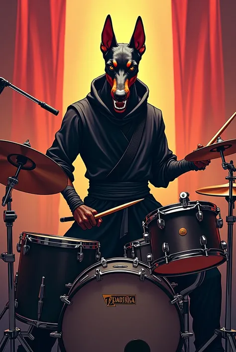  Doberman、in the form of a ninja、Stand up、 Fighting Pose 、music、Playing the drums
