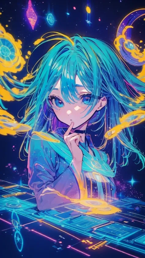  ((Alice))Blue and white dress，Blue headband in the hair ， anime girl ,  (( Dynamicアングル)) very beautiful,   Ideal Anatomy  ,  Starry sky with zodiacal constellations, Like a nebula ，hologram rabbit ，human，Holographic tree，Rich in nature，future，Shine夏の日には太陽...