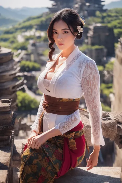 1girl, big boobs, kebayaMasterpiece, best quality, (very detailed CG unit 8k wallpaper) (best quality), (best illustration), (best shadows) (male), sekiro on top of a cliff, looking at Ashina castle, feudal Japan, Ray tracing, sinister environment, ultra d...