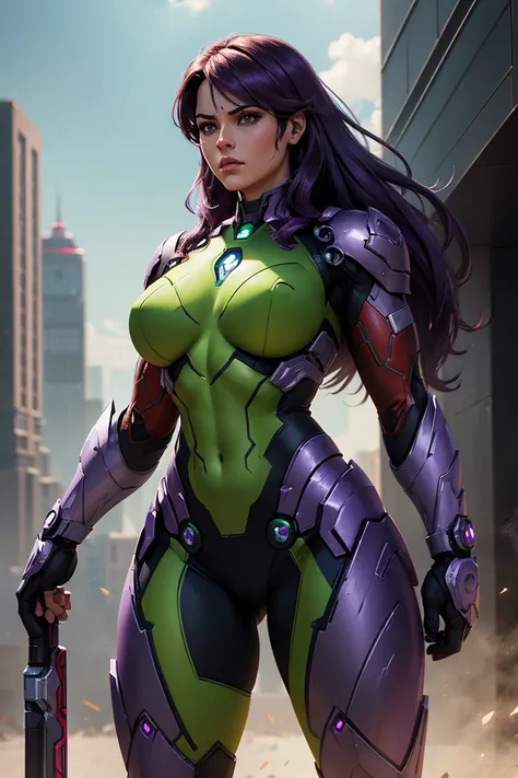 A character that is a female combination of Ironman and She-Hulk, violet and gunmetal grey armor, digital painting, trending on ArtStation, extremely detailed, ultra high resolution, 8k