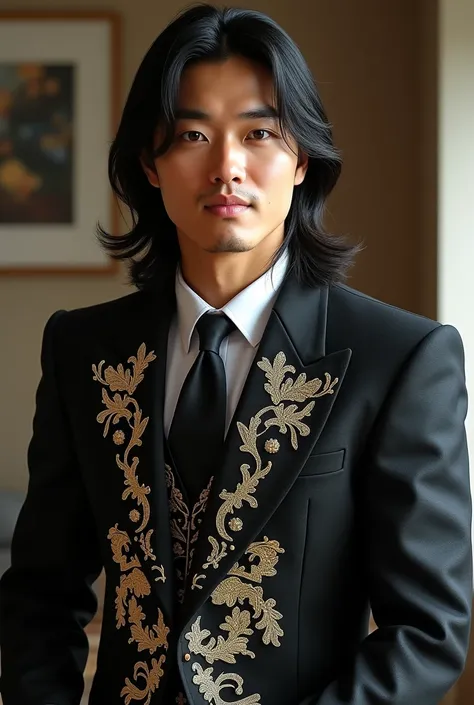  A 28-year-old Asian man from the country Seoul Korea has long hair around his ears he is dressed in mariachi and his suit is black, It is in a part of his room .  where the image looks extremely real, clear and normal 