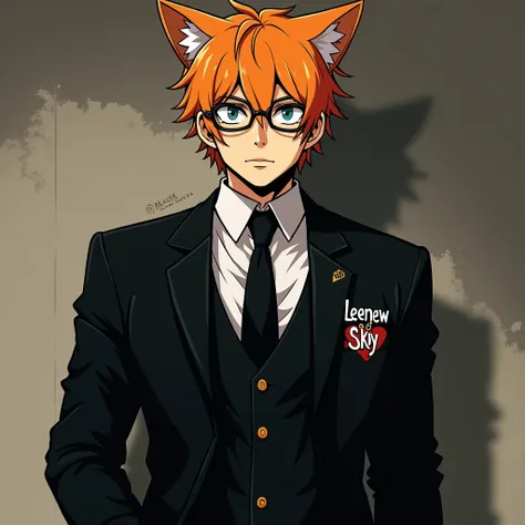  Take only the outline of the face ,  with orange cat ears , put on glasses, see the eyes , Figure 3 parts , , expression on one hand clutching his pocket, the other into the gunmans shirt.,  wearing a black Mafia suit ,  The picture is in Japanese cartoon...