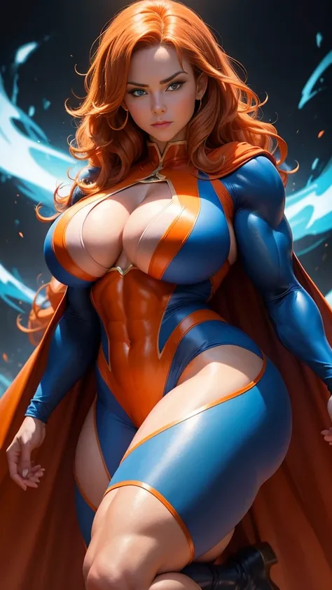 Busty Lorah, bodybuilder muscles, (massive round breasts), long wavy orange hair, blue eyes, tight orange costume, long blue cape, strong muscle legs, strong calf, hard abs, dark hell background