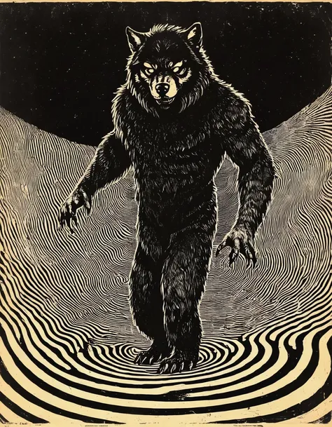 Werewolf, Whole body, Intimidate. Monochrome, "The Twilight Zone", vintage hypnotic spiral wave, optical art, queerish, peculiar, strange. Groovy retro vibes, analog film texture, Vintage Processing, Faded finish, Scan Line, pulp fiction, Mayonaka TV, by F...