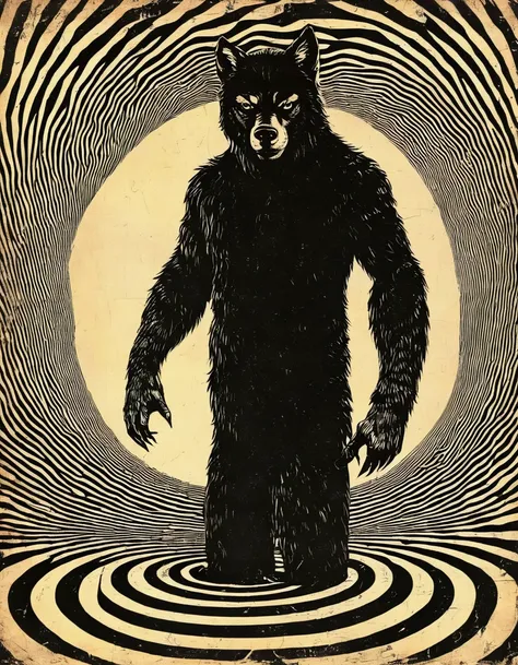 Werewolf, Whole body, Intimidate. Monochrome, "The Twilight Zone", vintage hypnotic spiral wave, optical art, queerish, peculiar, strange. Groovy retro vibes, analog film texture, Vintage Processing, Faded finish, Scan Line, pulp fiction, Mayonaka TV, by F...