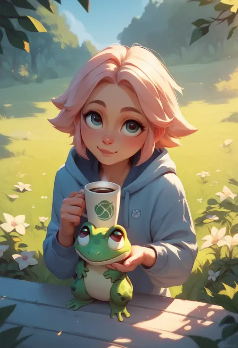 Cute frog, giving a Cup of Coffee to viewer, morning light, Outside