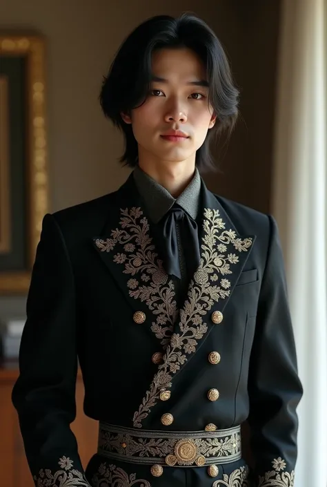  A 28-year-old Asian man from the country Seoul Korea has long hair around his ears he is dressed in mariachi and his suit is black, It is in a part of his room .  where the image looks extremely real, clear and normal 