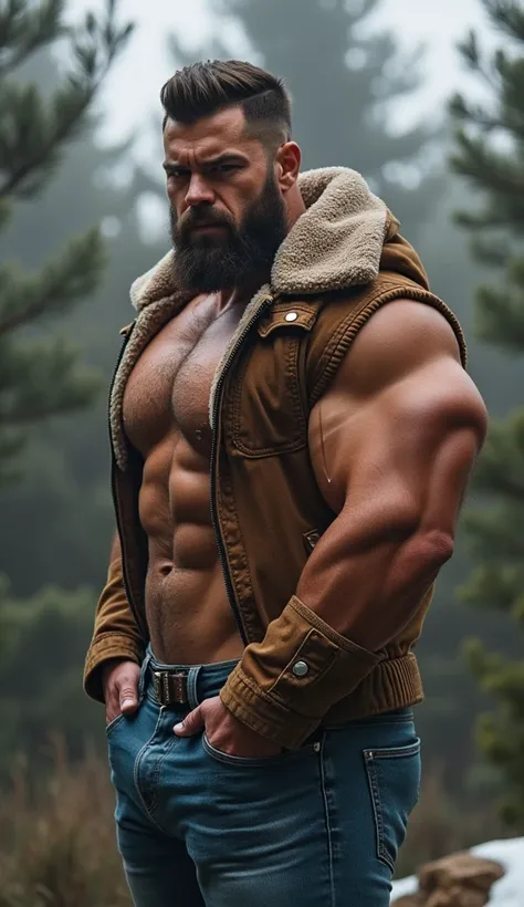 Spectacular muscular and handsome man , bodybuilder,  perfect face ,  strong and muscular legs big bump , great detail, a pair of  jeans, big bulge,  wearing chaqueta de pana y borrega fashion  invernal con cuello alto ,  in the background  outdoorsl with ...