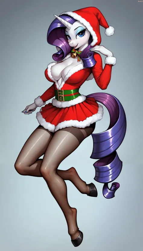 score_9, score_8_up, score_7_up, Rarity, mlp, anthro, 1girl, purple eyes, solo, two curly top hair with hair strands on the side, tight body suit pantyhose, soft breasts, cleavage, jewellery, 1girl, solo, Christmas, (hood with white fur), skirt, hooves, fu...