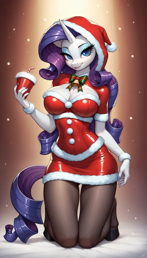 score_9, score_8_up, score_7_up, Rarity, mlp, anthro, 1girl, purple eyes, solo, two curly top hair with hair strands on the side, tight body suit pantyhose, soft breasts, cleavage, jewellery, 1girl, solo, Christmas, (hood with white fur), skirt, hooves, fu...