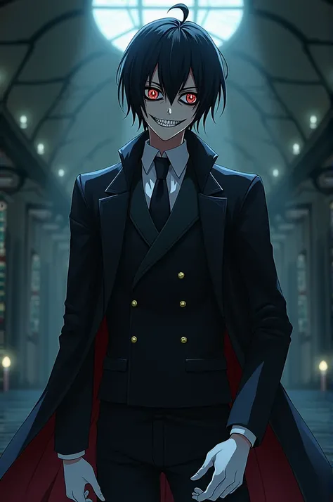 Anime man, with black Gakuran uniform,eyes across his entire body, white gloves, dark black arched hair and cainine teeth, creepy smile, exe carnated 