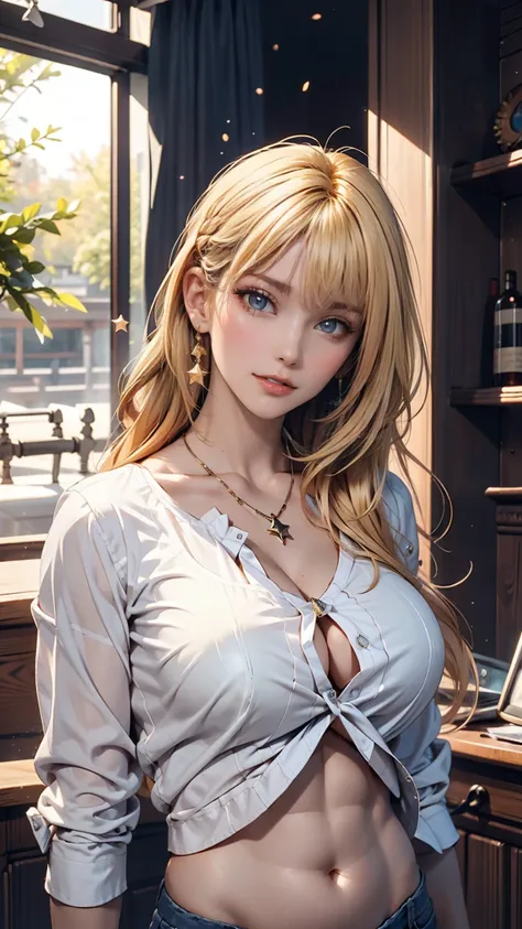  1 girl,  blonde hair ,  holding a star ,  blue eyes, Clothes lift, Alone,  hair ornament ,  hair clip,  long hair,  raise shirt,  braided ,  viewers who stop at the edge, lips,  lifted by itself,  heads,  upper body, belly button, day, white shirt