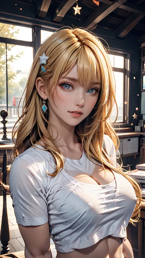  1 girl,  blonde hair ,  holding a star ,  blue eyes, Clothes lift, Alone,  hair ornament ,  hair clip,  long hair,  raise shirt,  braided ,  viewers who stop at the edge, lips,  lifted by itself,  heads,  upper body, belly button, day, white shirt