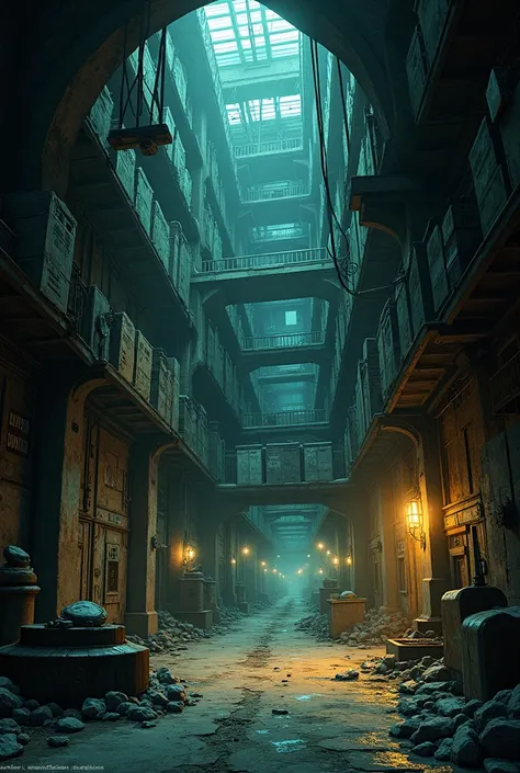 illustration of a snips of a building with a lot of rooms,  Point-and-click adventure game ,  giant cavernous iron city , Underground City,  concept art highly detailed , snips, Inside the gangs lair,  Randomly divided rooms ,  Bioshock concept art , styli...