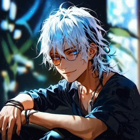 (solo), (1 male), (1 man), (chibi),handsome men, (one man with white hair black dark blue inner hair color, blue eyes), long hair, messy hair,smile,((masterpiece)), (dark background: 1.3), (stylish), dynamic angle, (detailed face, detailed eyes, proportion...