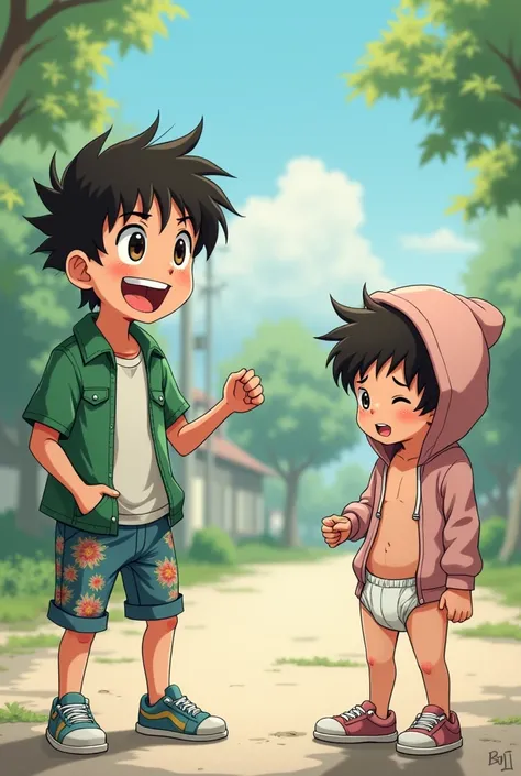 Anime boy in floral shorts and a green short sleeve jacket while they watch laughing at another boy in a hoodie and diaper with his jeans pulled down 