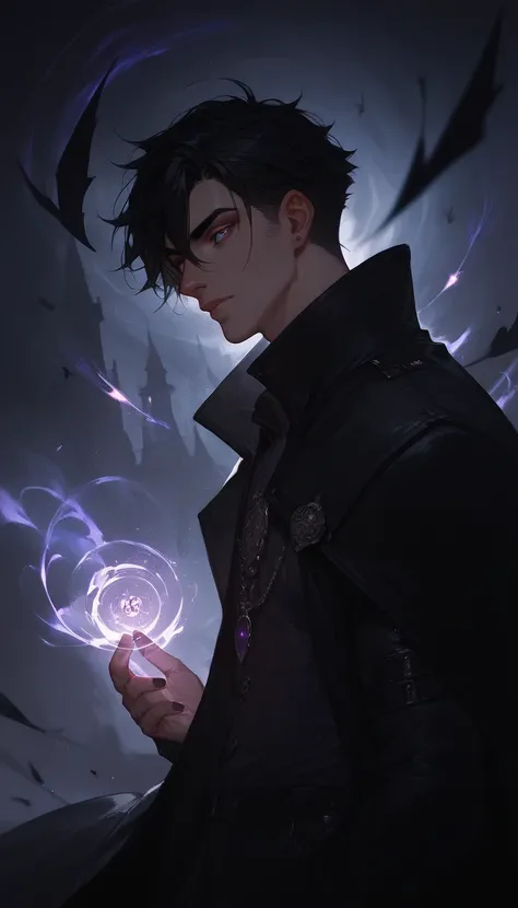 tall man with black hair, his eyes are purple and emanate a magical aura, he wears a coat and black accessories of a wizard, in a desolate land, digital drawing, style by neytirix, anime style, black shadows, ambiance and dark lights