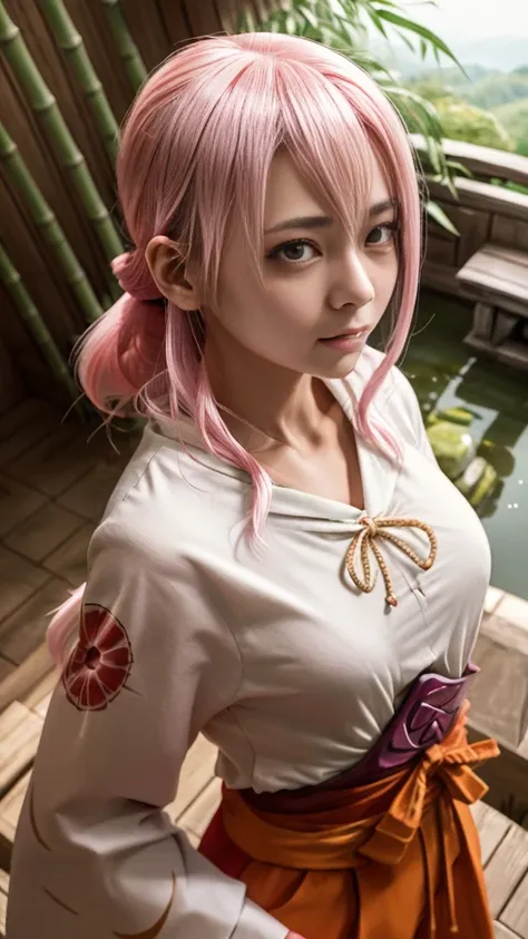 (8k,  RAW photos , top quality, Refined details, masterpiece: 1.2), ( High Resolution 8K Wallpaper ),  sharp concentration,   professional lighting  ,  depth of field,  cinematic lighting,  Blurred Background, She has a red hakama and white Wearing a tradi...