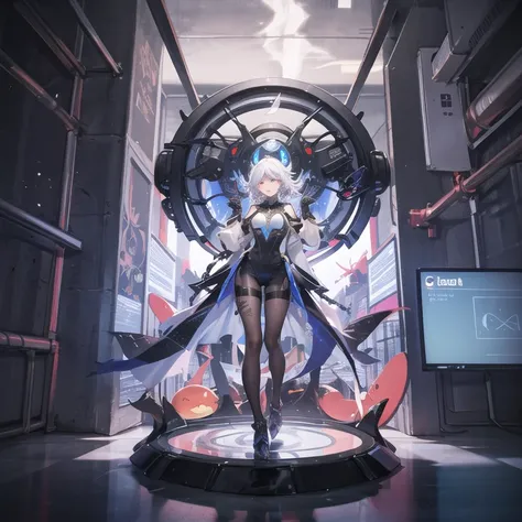 Close-up of a young girl in a room looking at a mechanical AI, 
there is a woman（AI）Holographic display box with light ,  Holographic Rotating Around Her ,   Cyberpunk Statue  ,  Enterprise Holographic ,  Holographic Projection ,  Huge Holographic Image , ...