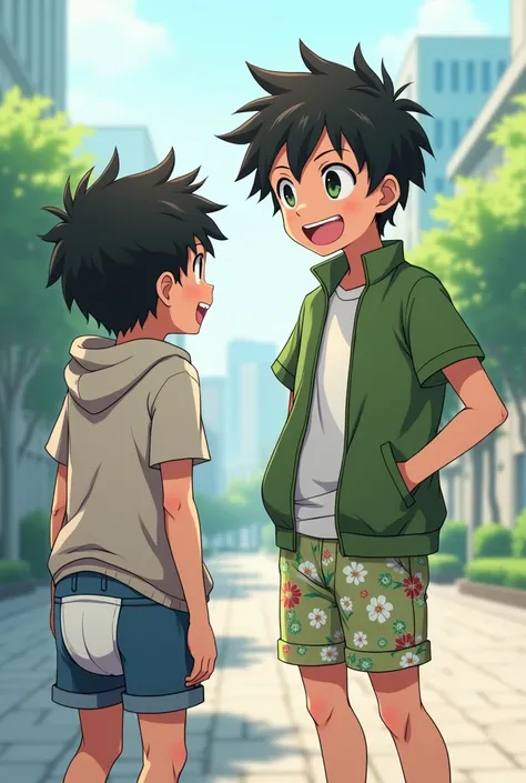 Anime boy in floral shorts and a green short sleeve jacket while they watch laughing at another boy in a hoodie and diaper with his jeans pulled down 