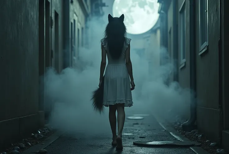 (RAW photo, real photo, high quality, masterpiece), (( the scene of woman is transforming to werewolf  under a moon in alley, half wolf head and half woman head,  woman body with wolf features) , thick smoke cove the body), A young Japanese woman with smoo...