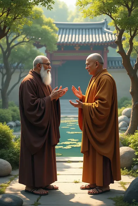  has two high-ranking monks chatting，A male around the age of 50 