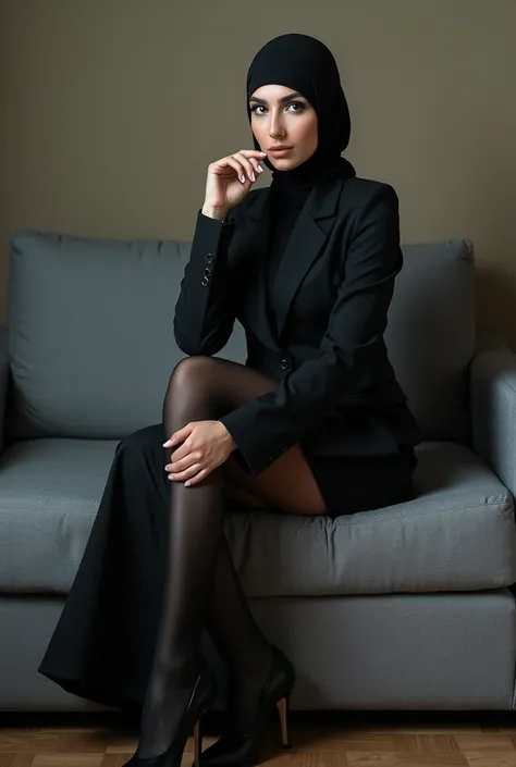  best quality, high resolution, super detailed, masterpiece, live photo shoot, real photo show shorts, hyperrealism, sharp focus, scene, great detail, super cute, beauty face, a veiled Iranian policewoman wearing a black suit, black glass socks and Wearing...