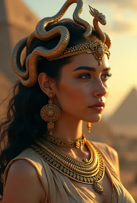 A photorealistic surrealism depiction of Medusa emerges, blending the mystical allure of Egyptian mythology with the grandeur of fantasy cinematic visuals. Her exceptionally beautiful and captivating appearance is enhanced by intricate golden jewelry that ...