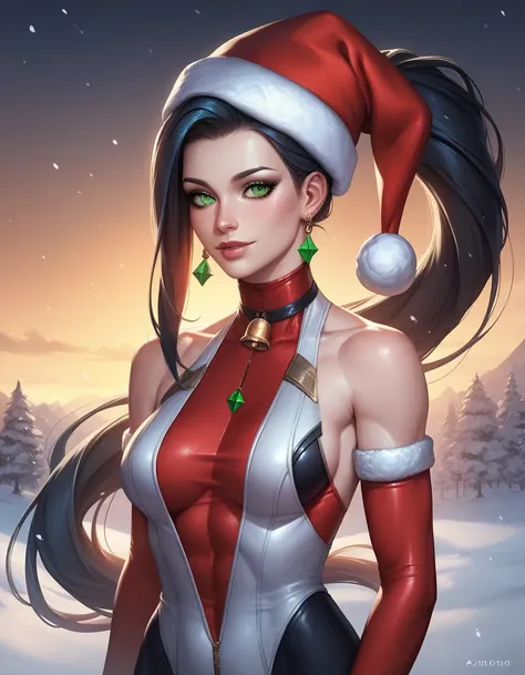 female sleeveless catsuit, bare shoulders, racerback, long gloves, toned arms, beautiful faces, black ponytail with showing forehead, long ponytail, earrings, soft smooth skin, pale skin, winter city background, green eyes, sci-fi, high contrast, christmas...