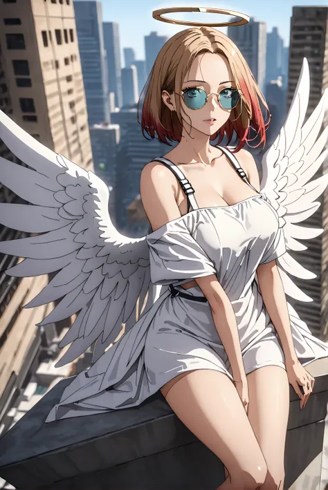 masterpiece, best quality, high quality, detailed, ultra detailed, hyper detailed, exquisite, insanely detailed, beautiful, FHD, Full-HD, 4K, 8k, 16k, highres, absurdres, 1 woman:1.4, ((sunglasses:1.4)), big breast, ((thin khaki hair:1.4, red hair:1.4, gra...