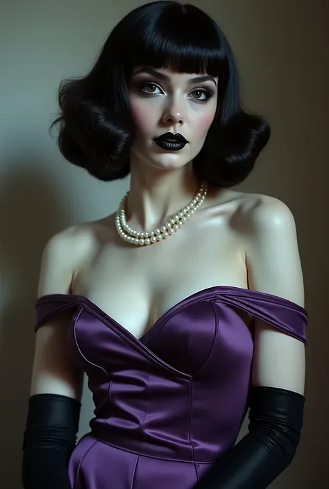  charming close-up woman with curvy forms , pale skin,  with a long diamond-shaped jawline ,  with black lips and dark scleral eyes and glowing white pupils. Besides,  her hairstyle is reminiscent of the 1960s ,  with black curly vintage curls .  Linda is ...