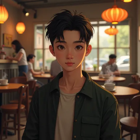 A Vietnamese boy about 20 years old, has a high nose bridge , have beautiful eyes, neatly cut short hair, standing in the cafe 