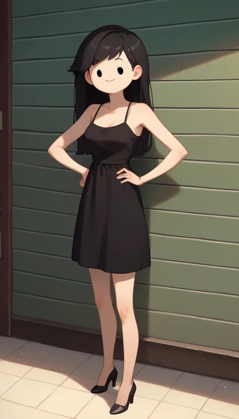 score_9, score_8_up, score_7_up, 1girl, dot_eyes, black hair, long hair, medium breasts, looking at viewer, bare shoulders, short black dress, taut dress, spaghetti strap black dress, sleeveless, hands on hip, upper body, standing up against a wall of the ...