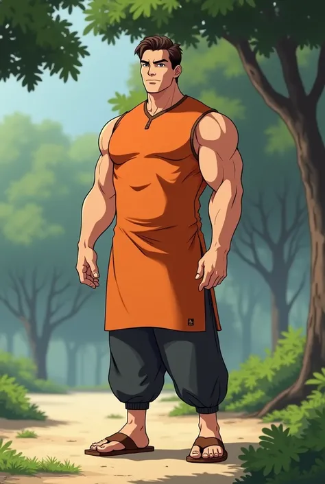 Tall Man, with round face, with short thin brown haircut, less chubby, muscular, in Anime, wearing his orange short kurta, long dark gray pants, brown sandals, standing in the shade of the tree