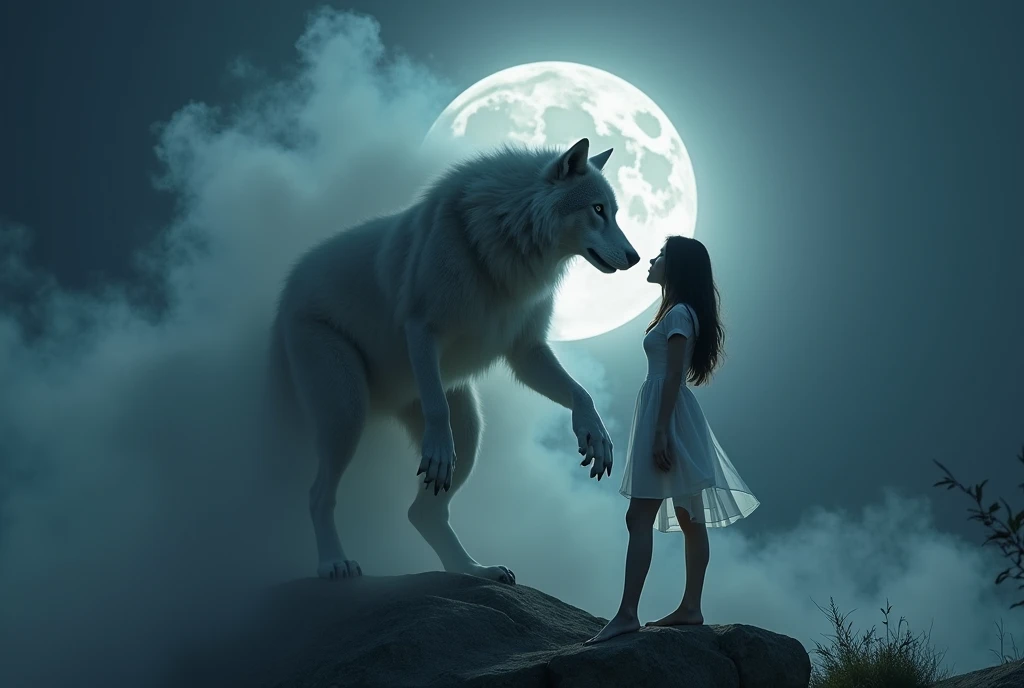 (RAW photo, real photo, high quality, masterpiece), (( the scene of woman is transforming to werewolf  under a moon light, left wolf face and right half woman face,  woman body with wolf features) , thick smoke cove the body), A young Japanese woman with s...