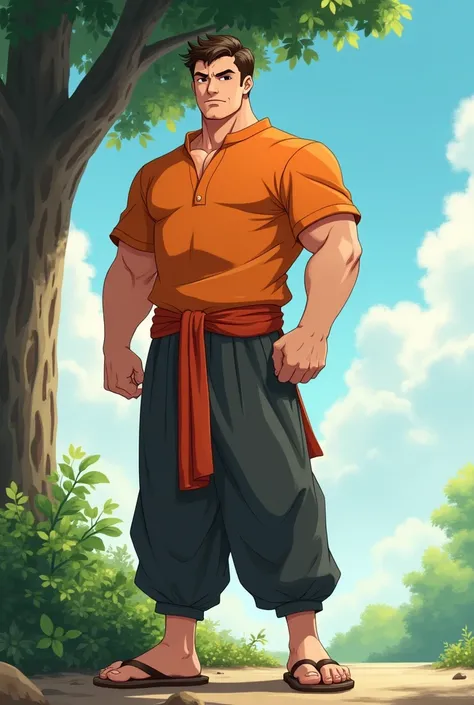 Tall Man, with round face, with short thin brown haircut, less chubby, muscular, in Anime, wearing his orange short kurta, long dark gray pants, brown sandals, standing in the shade of the tree