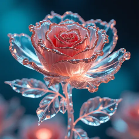 This image contains、 beautiful red rose flowers like crystals and jewels are shown 。The petals are shiny 、 The various colors reflect to create a fantastic atmosphere 。 and the background is blue and pale pink, making the 、 flowers stand out more 。 I think...