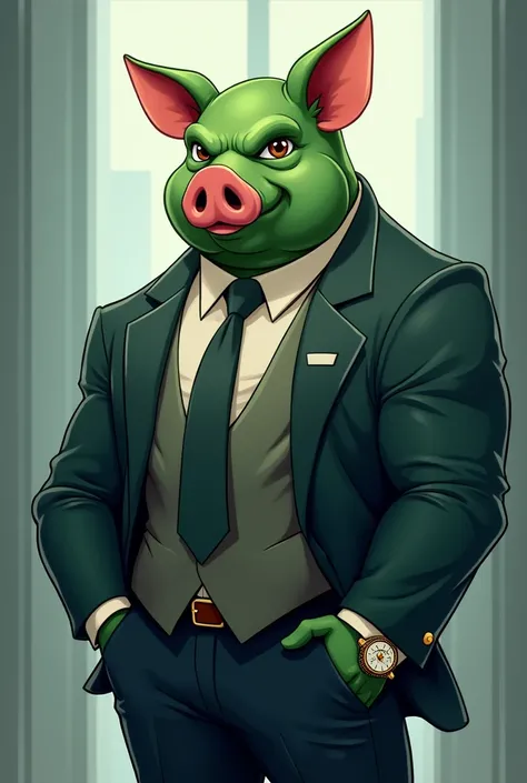  Sexy alpha male muscular green pig with a branded watch suit, Successful and your profession is a lawyer , generate cartoon image  
