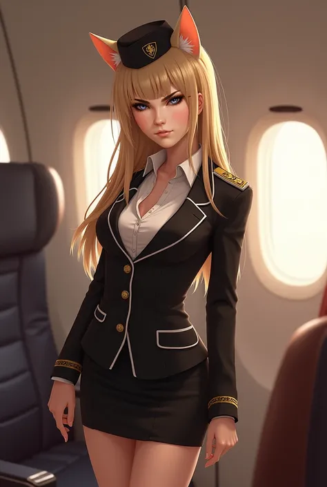 Straight-haired blond cat girl sexy stewardess clothes 