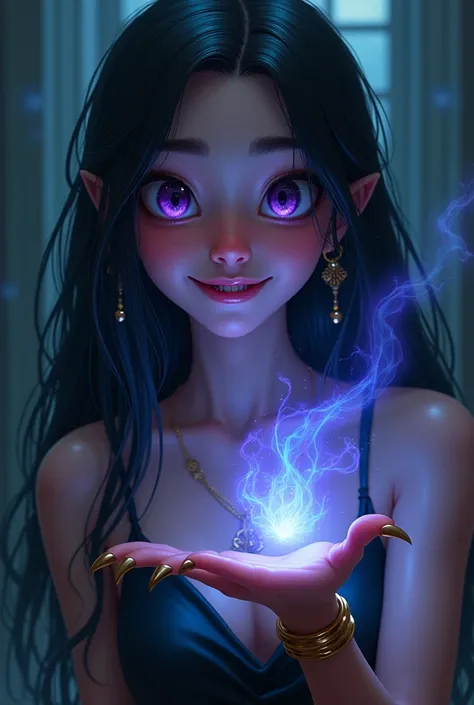  2D animation image} A young woman with a sweet and angelic appearance ,  but with a sinister and maniacal expression . Her face is the main focus ,  with dramatic lighting that highlights her features ,  including large and expressive eyes with an intense...